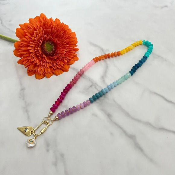 Rainbow Gemstone Silk Knotted Necklace Gold Filled Carabiner Clasp Charm… - Picture 5 of 10